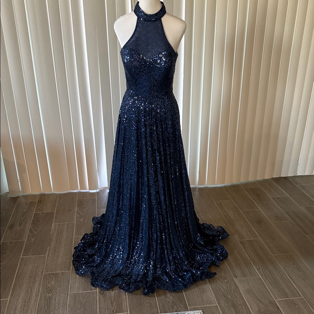 La Femme Midnight Blue Sequin Halter Dress 0/00